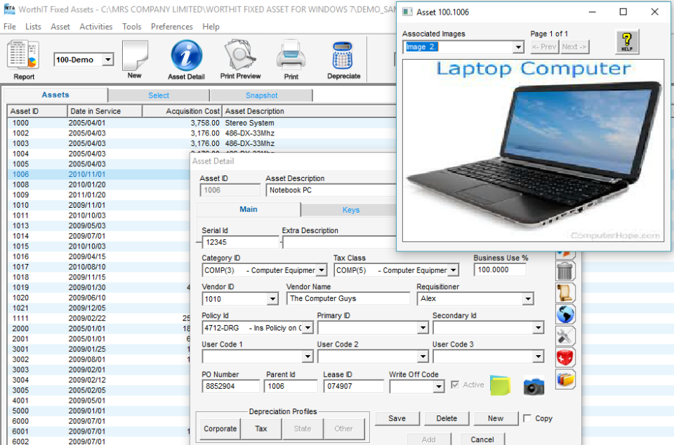 screenshot of WorthIT Fixed Assets